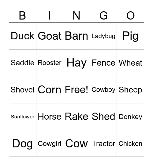 Farm Bingo Card