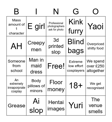 Anime convention bingo Card