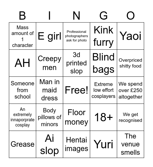 Anime convention bingo Card
