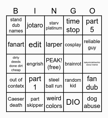 jojo's TikTok bingo Card