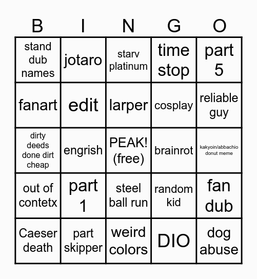 jojo's TikTok bingo Card