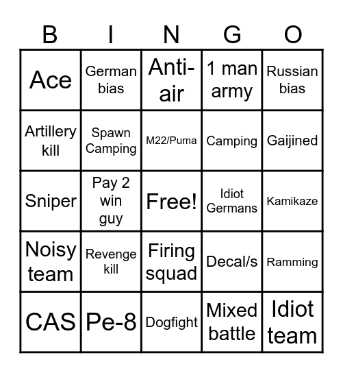War Thunder Bingo Card