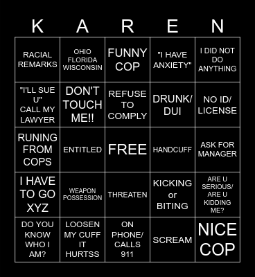 Marshie Karen Bingo Card