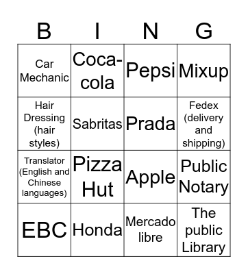 Products and Services Bingo Card