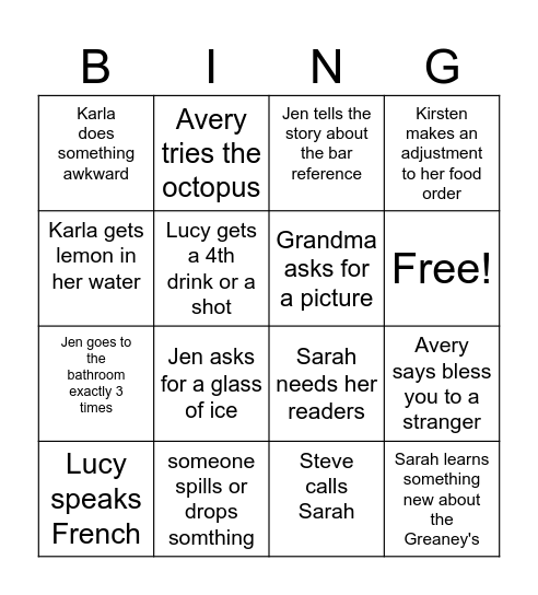 Dinner Bingo Card