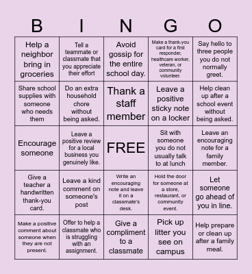kindness Bingo Card