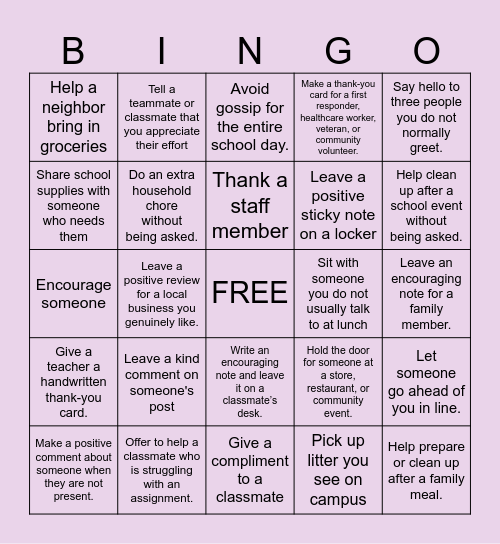 kindness Bingo Card