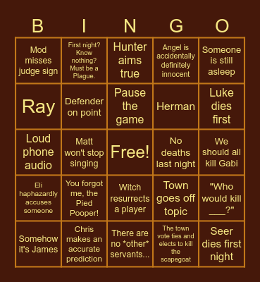The Werewolves of Miller's Hollow Bingo Card