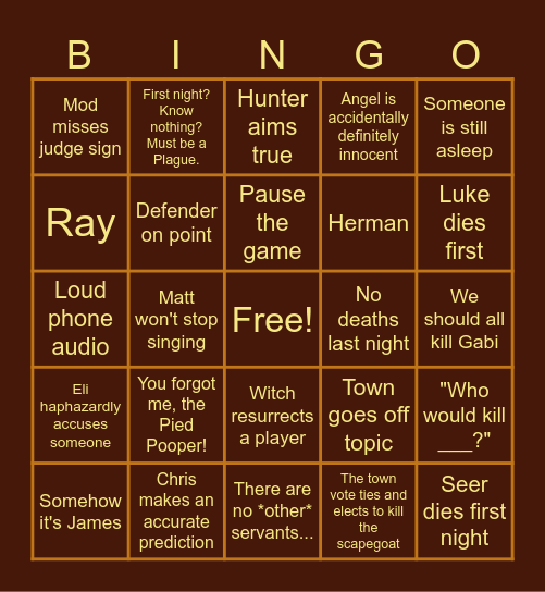 The Werewolves of Miller's Hollow Bingo Card