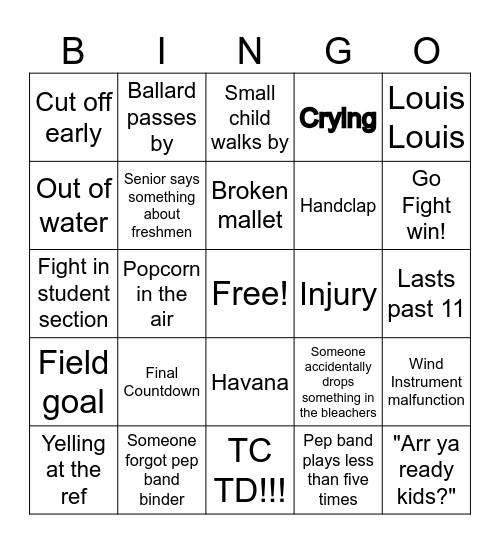 Pep band Bingo Card