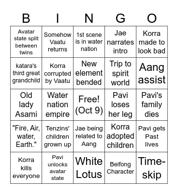 Avatar Seven Havens Predictions Bingo Card
