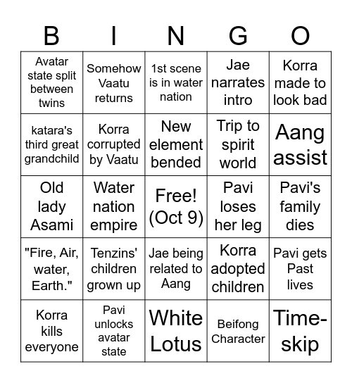 Avatar Seven Havens Predictions Bingo Card