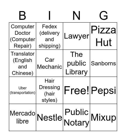 Products and Services Bingo Card