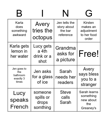 Dinner Bingo Card