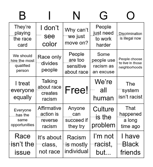 Colorblind Racism Bingo! SOC387 Bingo Card