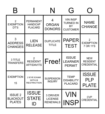 BMV BINGO Card