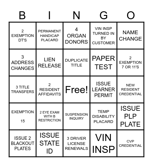 BMV BINGO Card