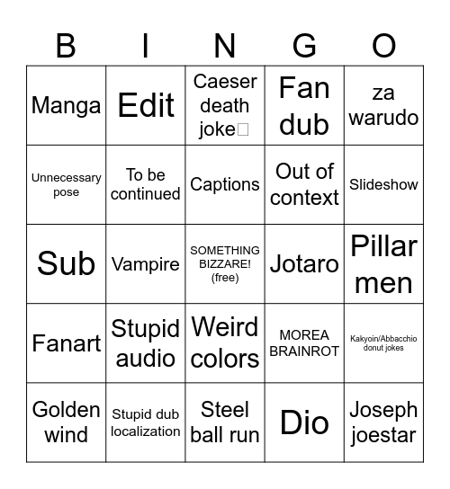 JoJo's TikTok Bingo Card