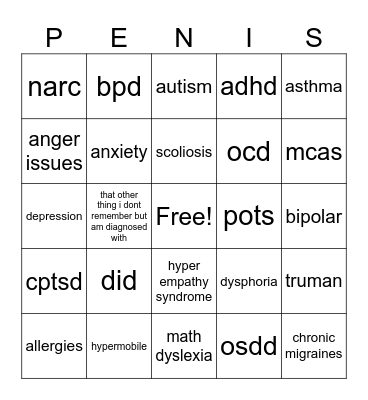 diagnosis Bingo Card