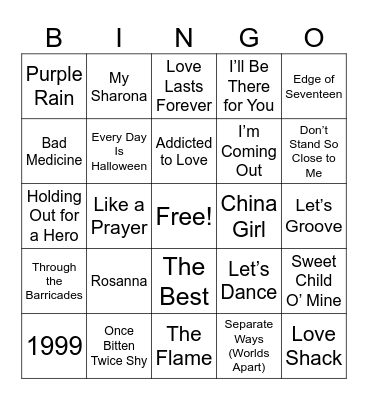 28 MB 80’s Hits Rd 2 Bingo Card