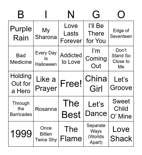 28 MB 80’s Hits Rd 2 Bingo Card