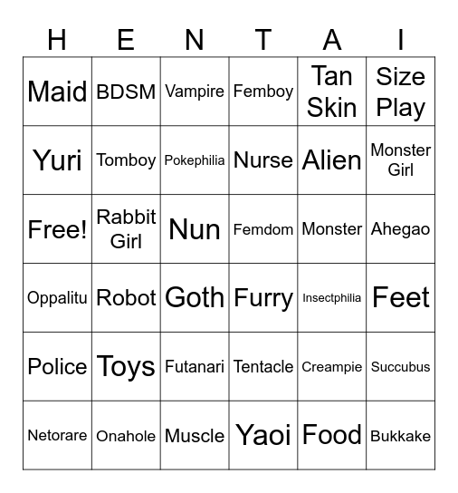 Heartily's Hentai Bingo Card