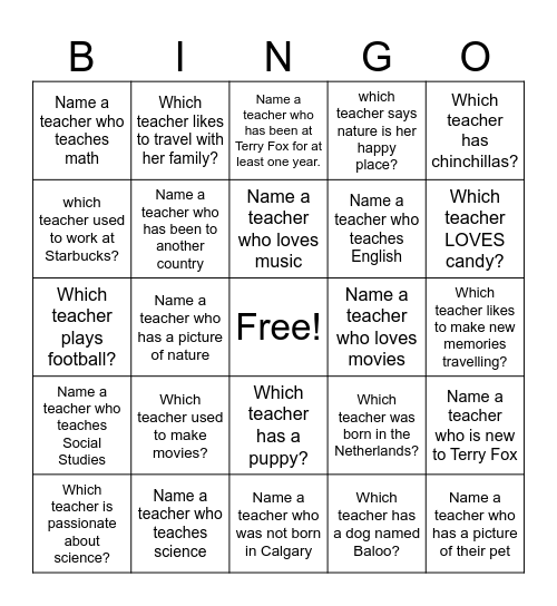 Who Are the Teachers? Bingo Card