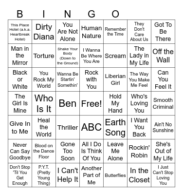 Michael Jackson Music Bingo Card
