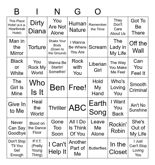 Michael Jackson Music Bingo Card