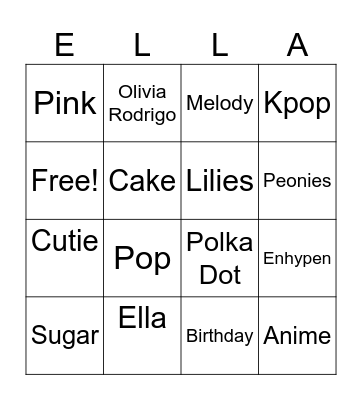 Ella's Birthday Bingo Card