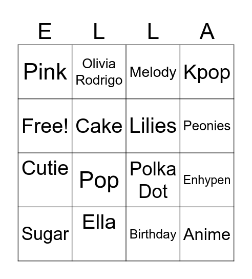 Ella's Birthday Bingo Card