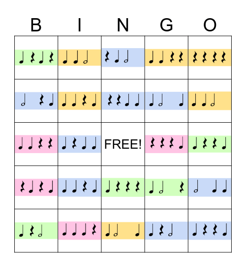 Rhythm Bingo - Quarter Notes, Half Notes, and Rests Bingo Card