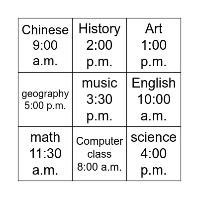 Subject Bingo Card