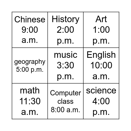 Subject Bingo Card