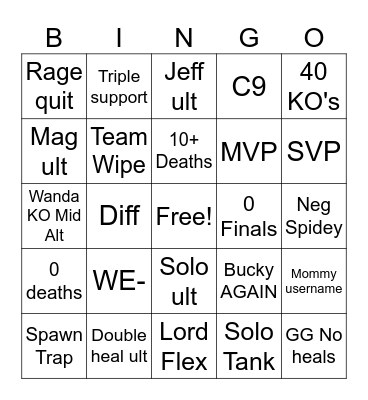 Rivals Bingo Card