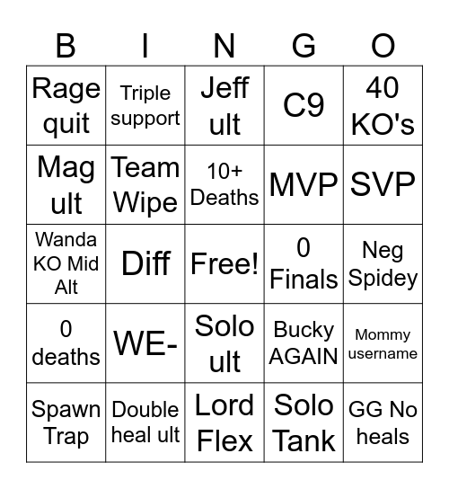 Rivals Bingo Card