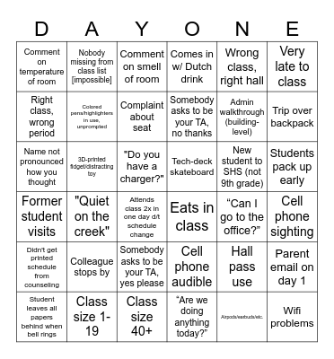 1st Day of School Bingo Card