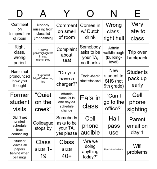 1st Day of School Bingo Card