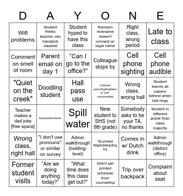 1st Day of School Bingo Card