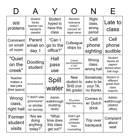 1st Day of School Bingo Card
