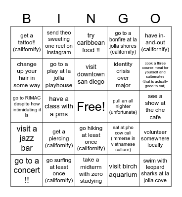 College First Quarter Bingo Card