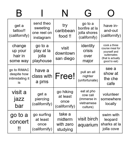 College First Quarter Bingo Card