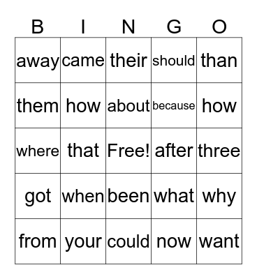Sight Words Bingo Card