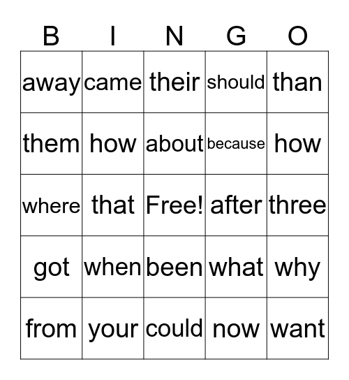 Sight Words Bingo Card