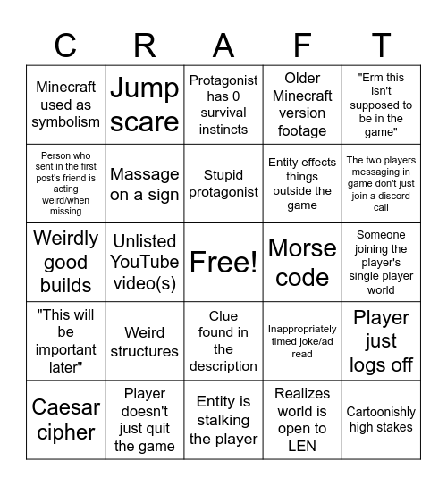 Minecraft ARG Bingo Card