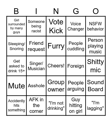 Vrchat Drinky Bingo Card