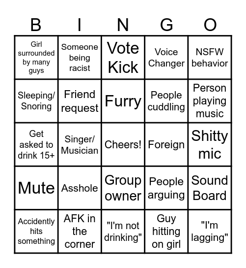 Vrchat Drinky Bingo Card