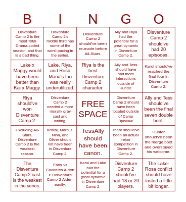 Disventure Camp 2 - hot (and cold) takes Bingo Card