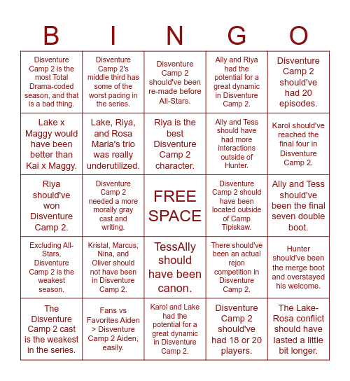 Disventure Camp 2 - hot (and cold) takes Bingo Card