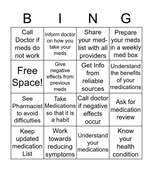 Manage Your Medications  Bingo Card